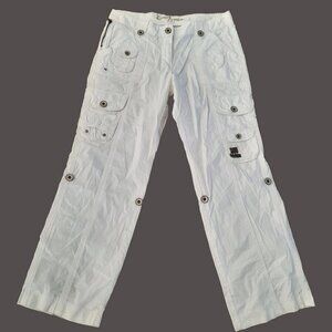 Y2K White Cargo Pants Womens L Mid rise Straight Leg Baggy Grunge Parachute